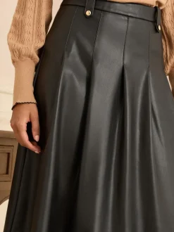Love & Roses Black Tab Detail Fit and Flare Faux Leather Midi Skirt