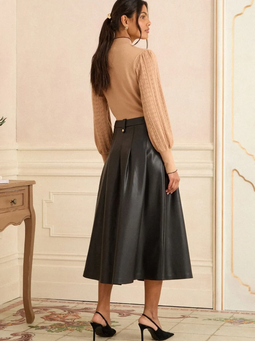 Love & Roses Black Tab Detail Fit and Flare Faux Leather Midi Skirt
