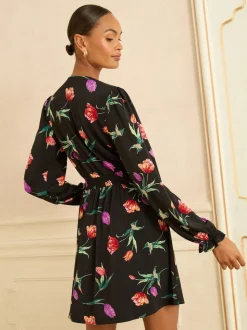Love & Roses Black Tulip Print V-Neck Mini Dress