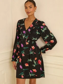 Love & Roses Black Tulip Print V-Neck Mini Dress