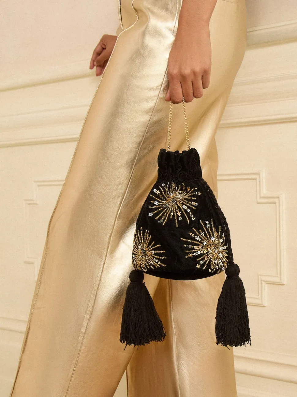 Love & Roses Black Velvet Sequin Embellished Pouch Bag
