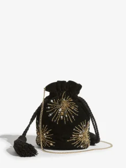 Love & Roses Black Velvet Sequin Embellished Pouch Bag