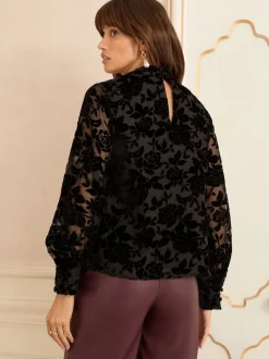 Love & Roses Black Velvet Burnout Long Sleeve Pussybow Blouse