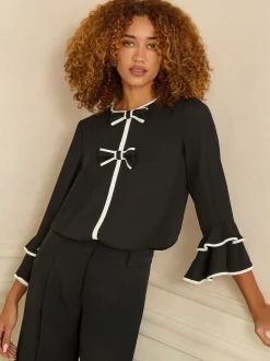 Love & Roses Black White Bow Crew Neck Pleated Flute Sleeve Blouse
