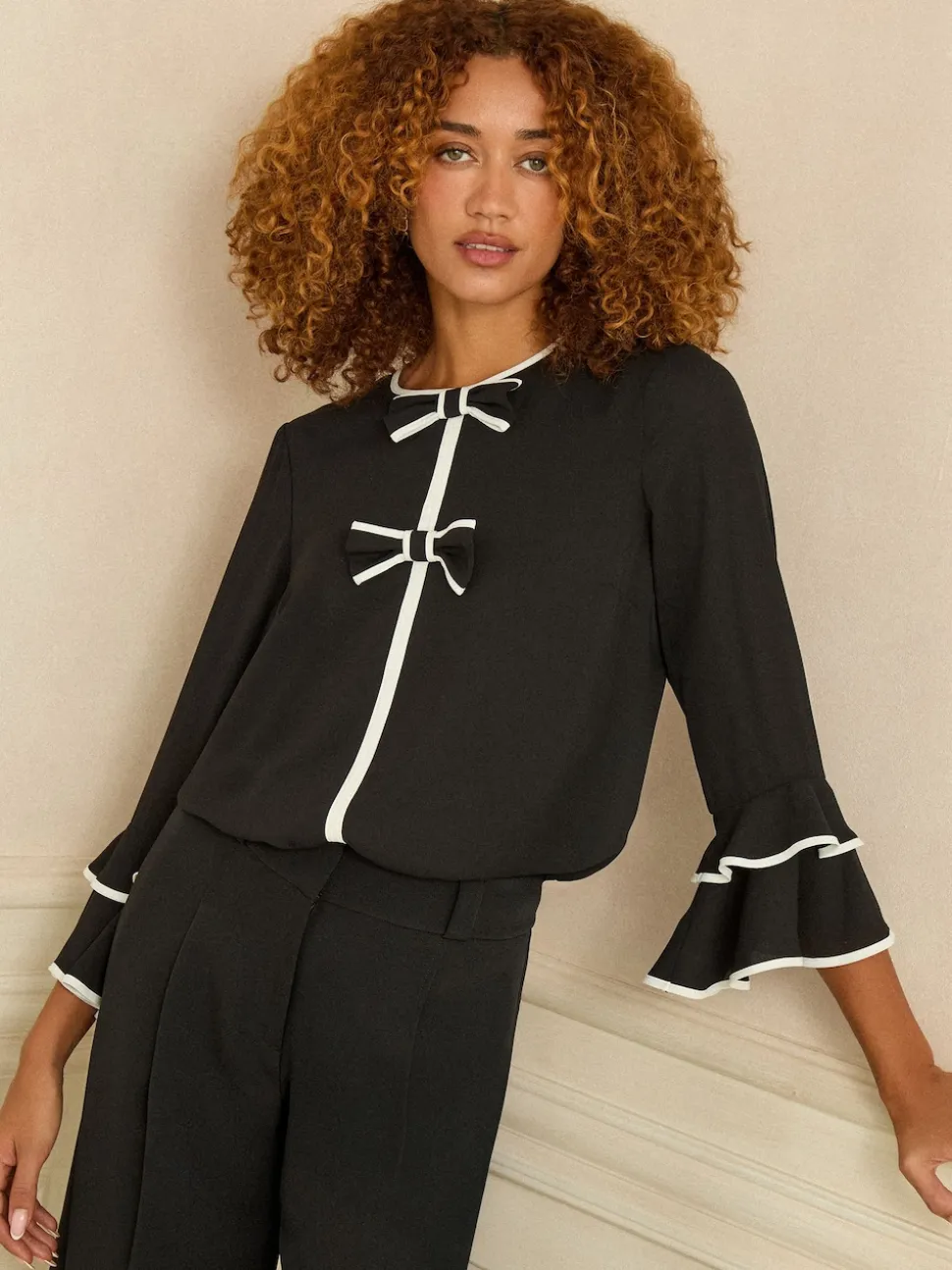 Love & Roses Black White Bow Crew Neck Pleated Flute Sleeve Blouse