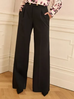 Love & Roses Black Wide Button Leg Trousers