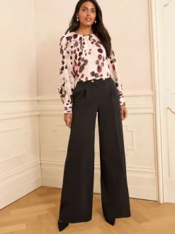 Love & Roses Black Wide Button Leg Trousers