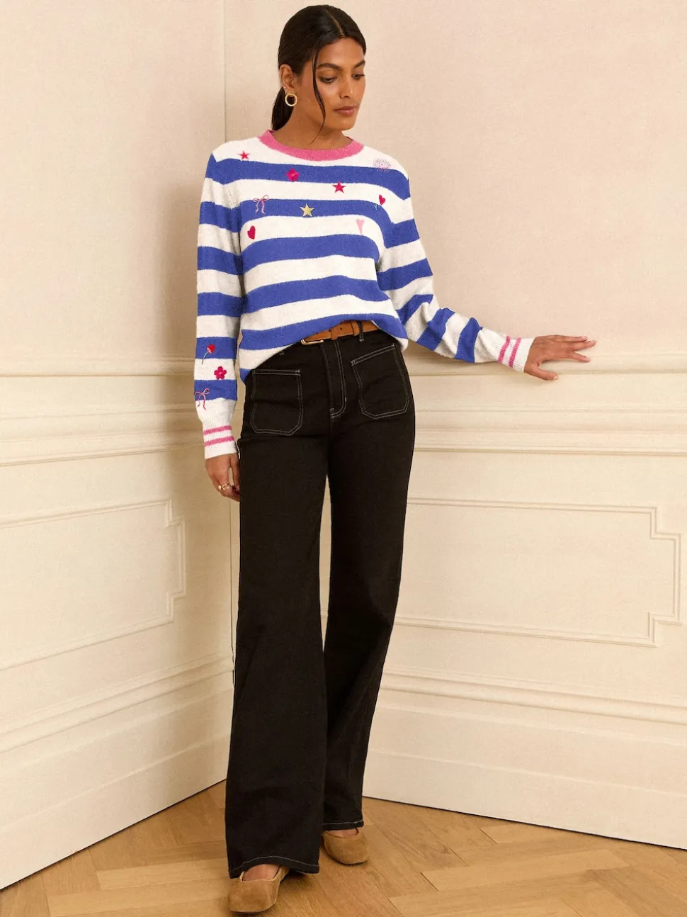 Love & Roses Blue And Ivory Stripe Embroidered Jumper