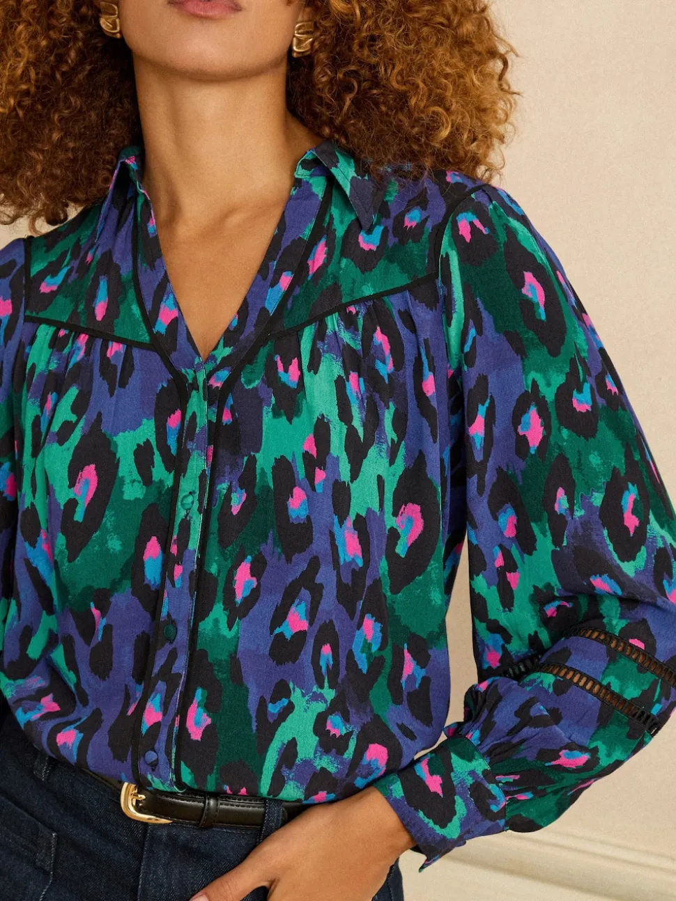 Love & Roses Blue Animal Button Through Long Sleeve Shirt