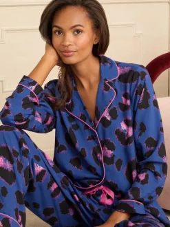 Love & Roses Blue Leopard Button Down Pyjamas Set