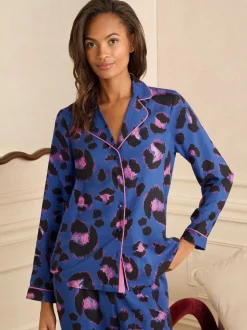 Love & Roses Blue Leopard Button Down Pyjamas Set