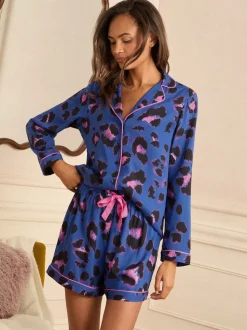 Love & Roses Blue Leopard Print Short Set Button Through Pyjamas