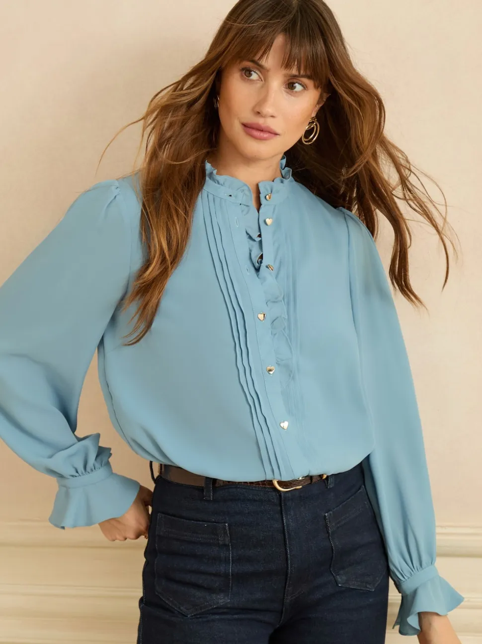 Love & Roses Blue Long Sleeve Frill Detail Blouse