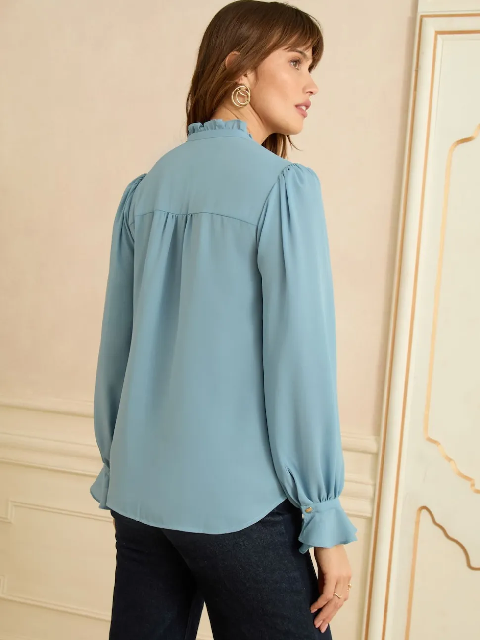 Love & Roses Blue Long Sleeve Frill Detail Blouse