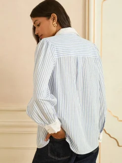 Love & Roses Blue White Stripe Lace Collar Button Through Long Sleeve Shirt