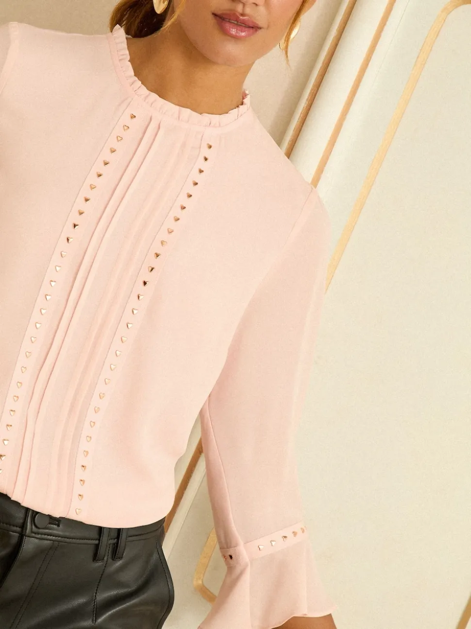 Love & Roses Blush Pink Heart Hardware Detail Flute Sleeve Blouse