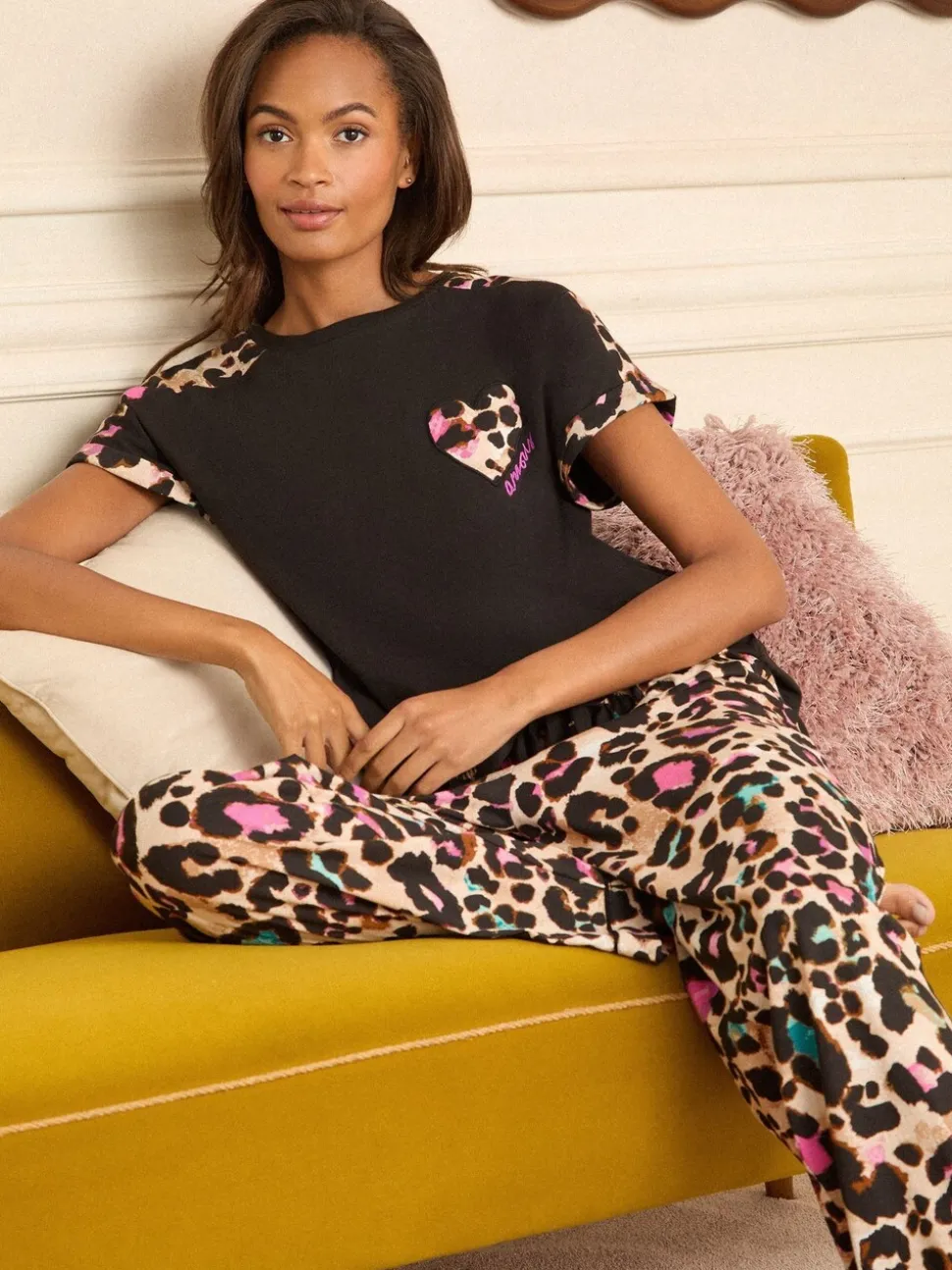 Love & Roses Brown Leopard Print Short Sleeve Printed Bottom Jersey Pyjamas Set