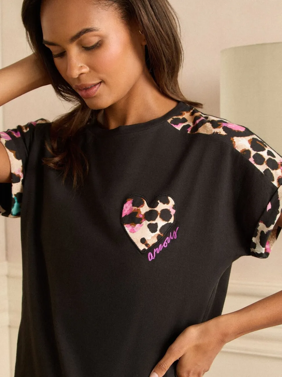 Love & Roses Brown Leopard Print Short Sleeve Printed Bottom Jersey Pyjamas Set