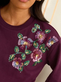 Love & Roses Burgundy Crew Neck Jersey Sequin Sweatshirt