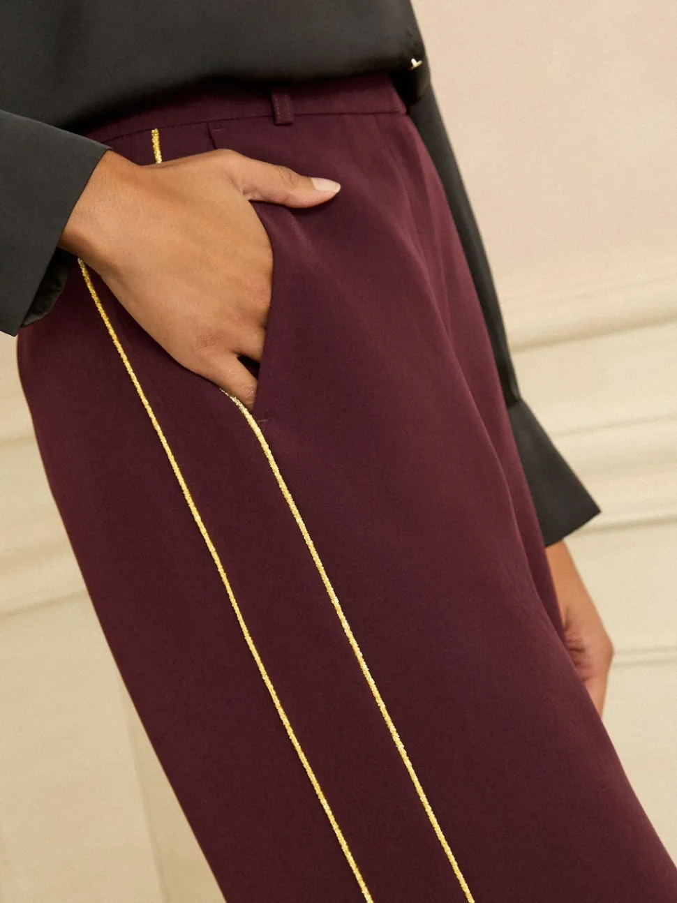 Love & Roses Burgundy Gold Textured Side Stripe Wide Leg Trousers
