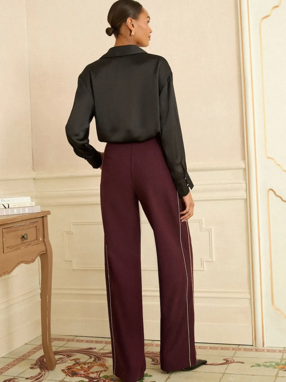 Love & Roses Burgundy Gold Textured Side Stripe Wide Leg Trousers