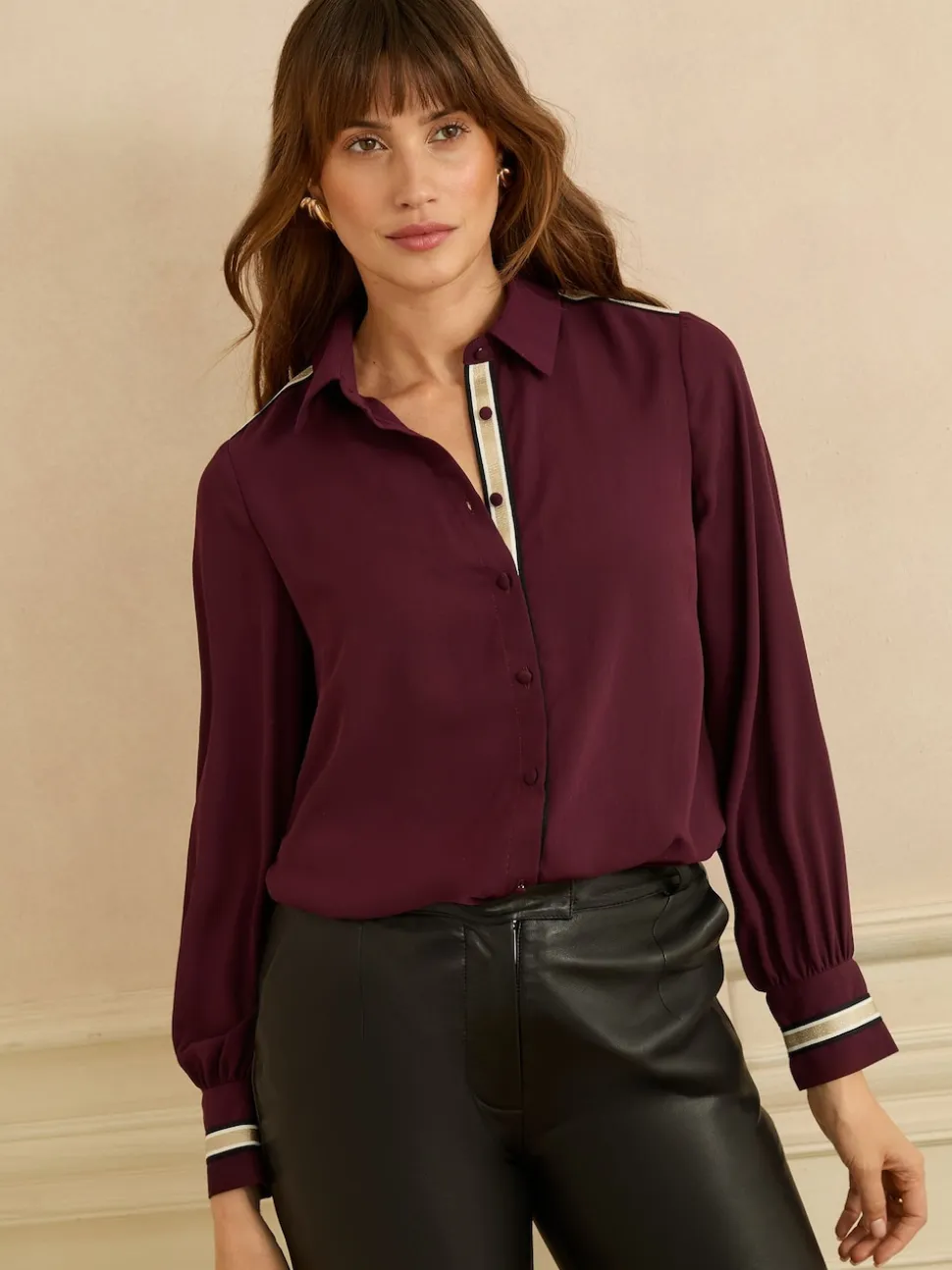 Love & Roses Burgundy Red Metallic Button Through Long Sleeve Shirt