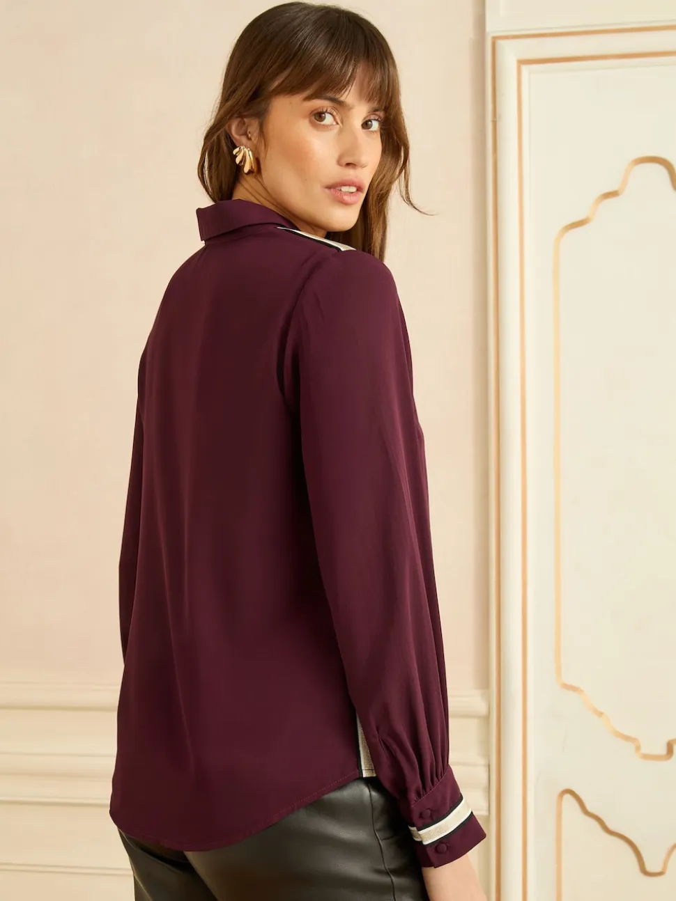Love & Roses Burgundy Red Metallic Button Through Long Sleeve Shirt