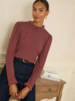 Love & Roses Burgundy Red And Beige Stripe Frill Neck Long Sleeve Jersey Top