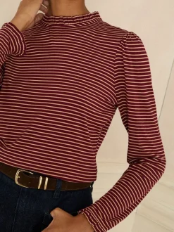 Love & Roses Burgundy Red And Beige Stripe Frill Neck Long Sleeve Jersey Top