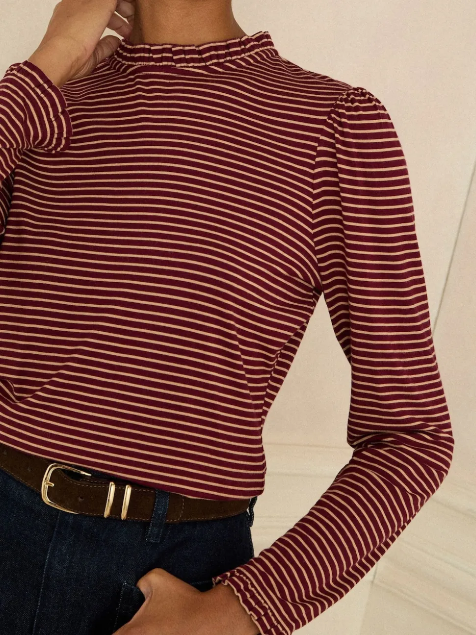 Love & Roses Burgundy Red And Beige Stripe Frill Neck Long Sleeve Jersey Top