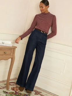 Love & Roses Burgundy Red And Beige Stripe Frill Neck Long Sleeve Jersey Top