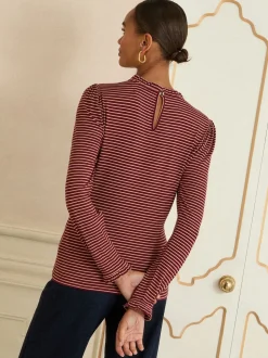 Love & Roses Burgundy Red And Beige Stripe Frill Neck Long Sleeve Jersey Top