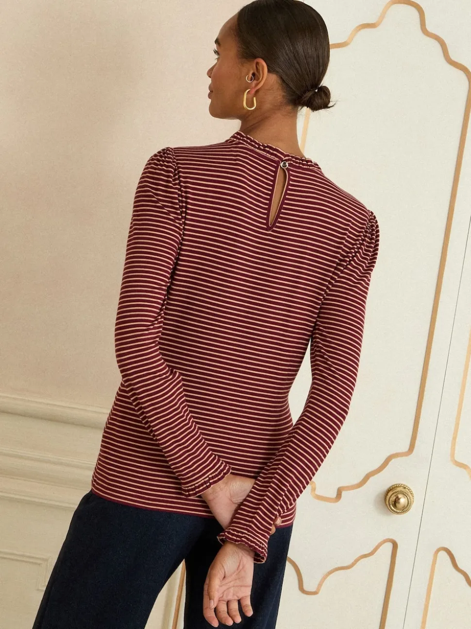 Love & Roses Burgundy Red And Beige Stripe Frill Neck Long Sleeve Jersey Top