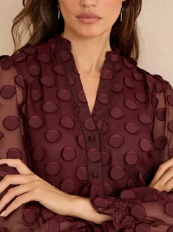 Love & Roses Burgundy Red 3D Spot Long Sleeve Blouse