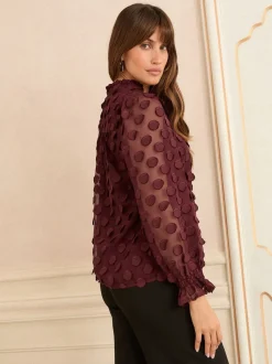Love & Roses Burgundy Red 3D Spot Long Sleeve Blouse