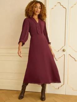Love & Roses Burgundy Red Pleated Detail Midi Dress