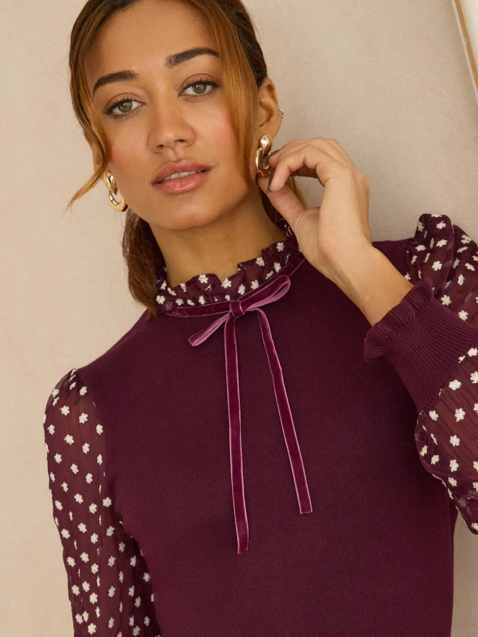 Love & Roses Burgundy Red Frill Neck Chiffon Sleeve Knitted Mini Dress