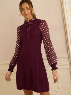 Love & Roses Burgundy Red Frill Neck Chiffon Sleeve Knitted Mini Dress
