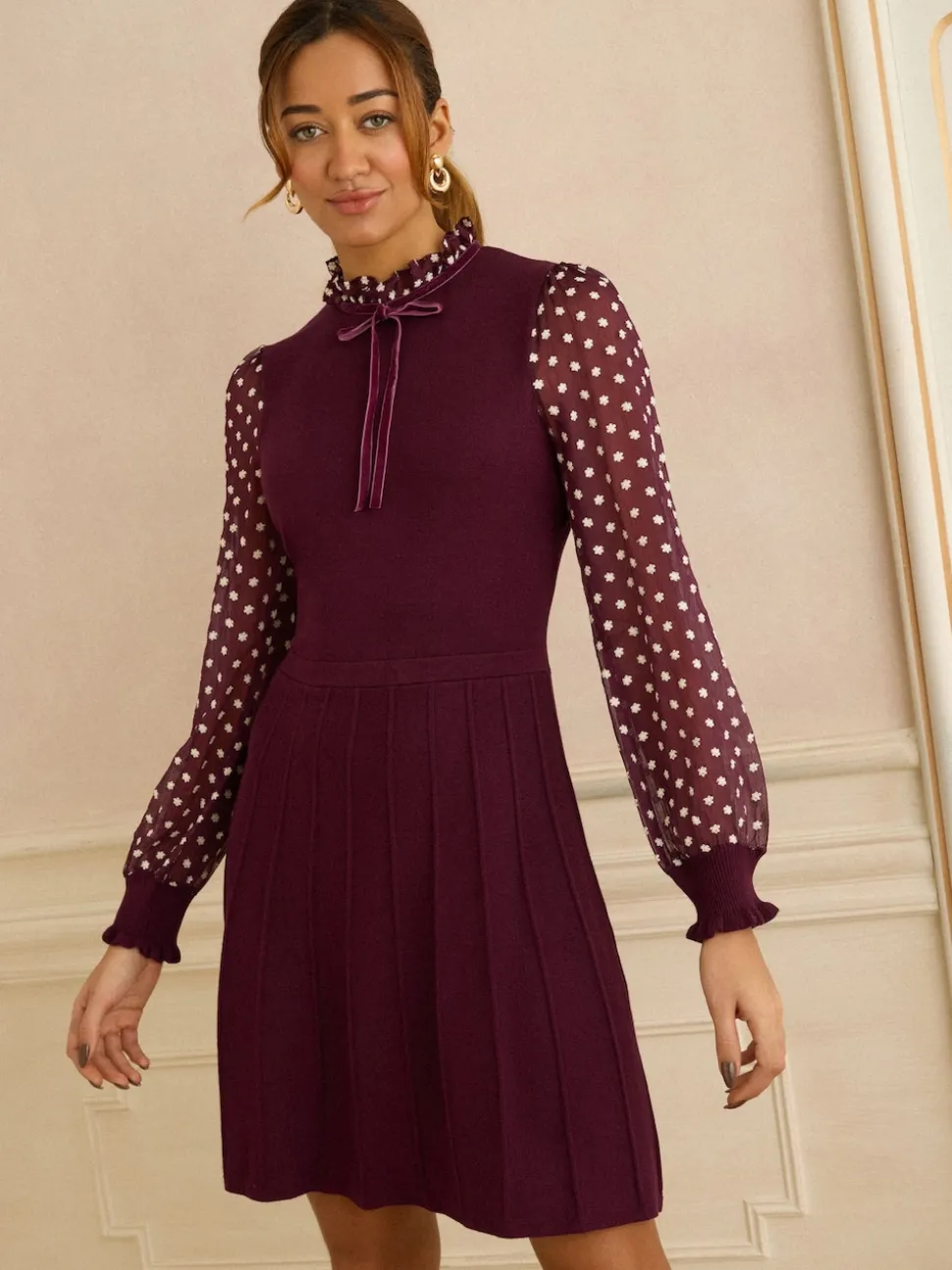 Love & Roses Burgundy Red Frill Neck Chiffon Sleeve Knitted Mini Dress