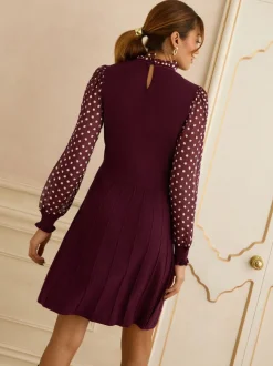 Love & Roses Burgundy Red Frill Neck Chiffon Sleeve Knitted Mini Dress