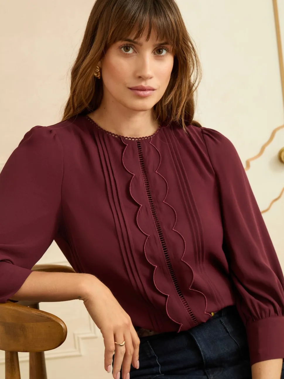 Love & Roses Burgundy Red 3/4 Sleeve Scallop Detail Blouse