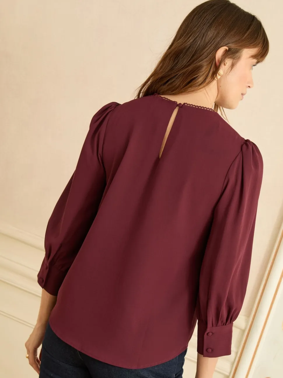 Love & Roses Burgundy Red 3/4 Sleeve Scallop Detail Blouse