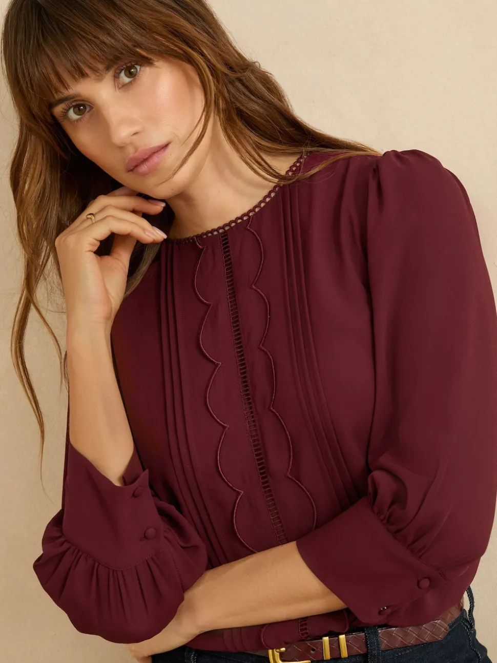 Love & Roses Burgundy Red 3/4 Sleeve Scallop Detail Blouse