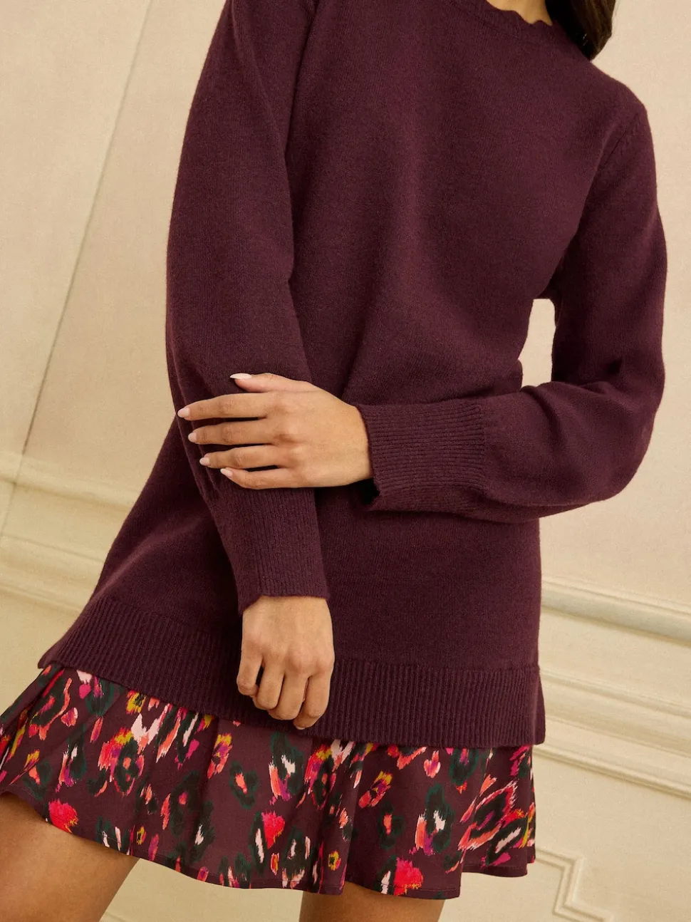 Love & Roses Burgundy Red Woven Skirt Knit Mini Dress