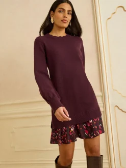 Love & Roses Burgundy Red Woven Skirt Knit Mini Dress