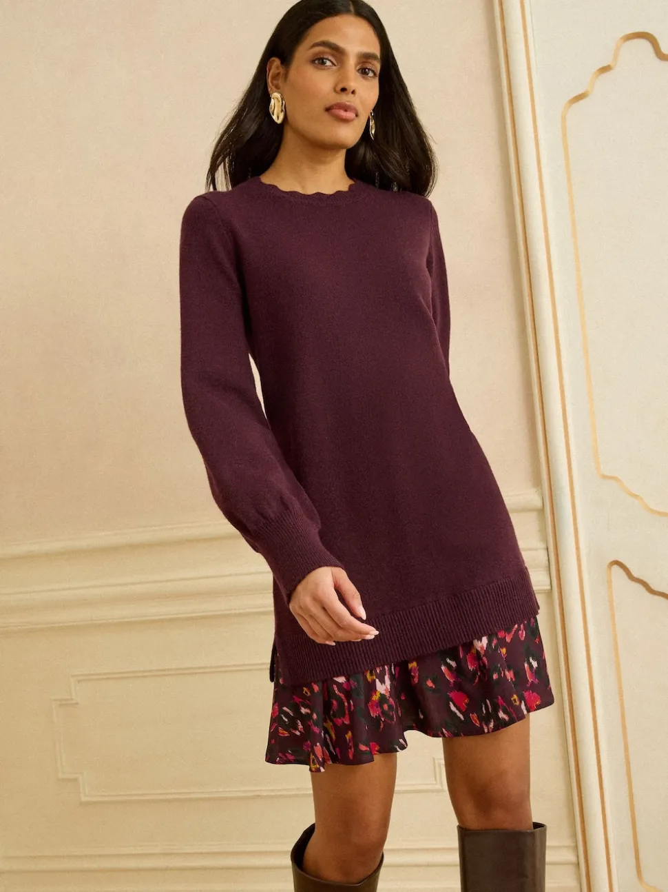 Love & Roses Burgundy Red Woven Skirt Knit Mini Dress