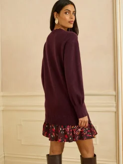 Love & Roses Burgundy Red Woven Skirt Knit Mini Dress