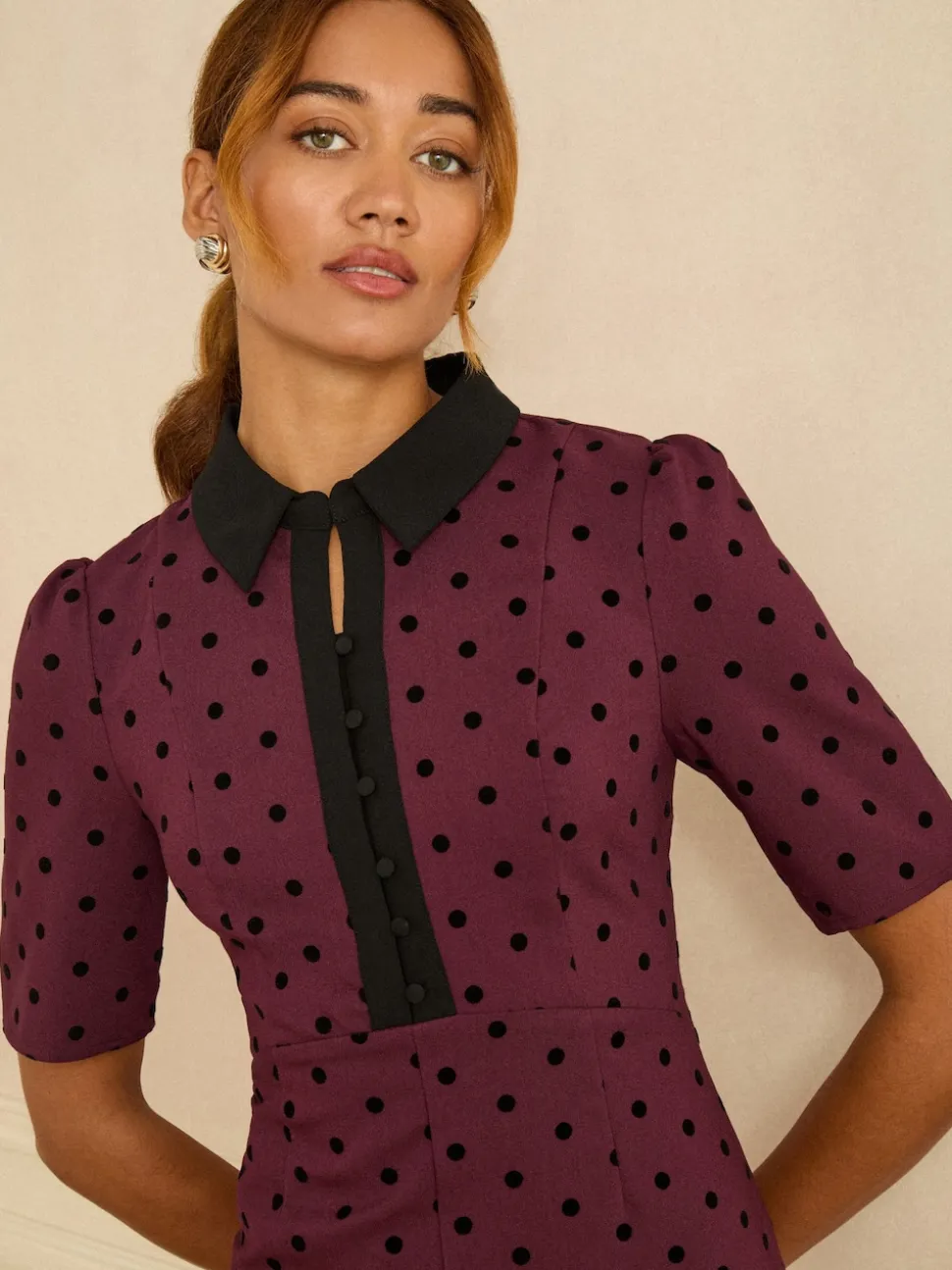 Love & Roses Burgundy Red Flocked Spot Short Sleeve Midi Dress