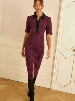 Love & Roses Burgundy Red Flocked Spot Short Sleeve Midi Dress