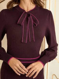 Love & Roses Burgundy Tie Neck Knitted Midi Dress